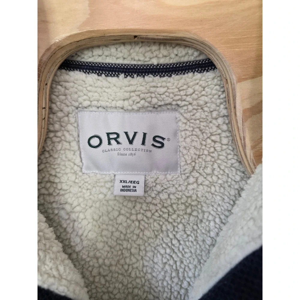 Orvis Pullover Mens XXL Navy Blue Waffle Knit Sherpa Lined Quarter Zip Gorpcore